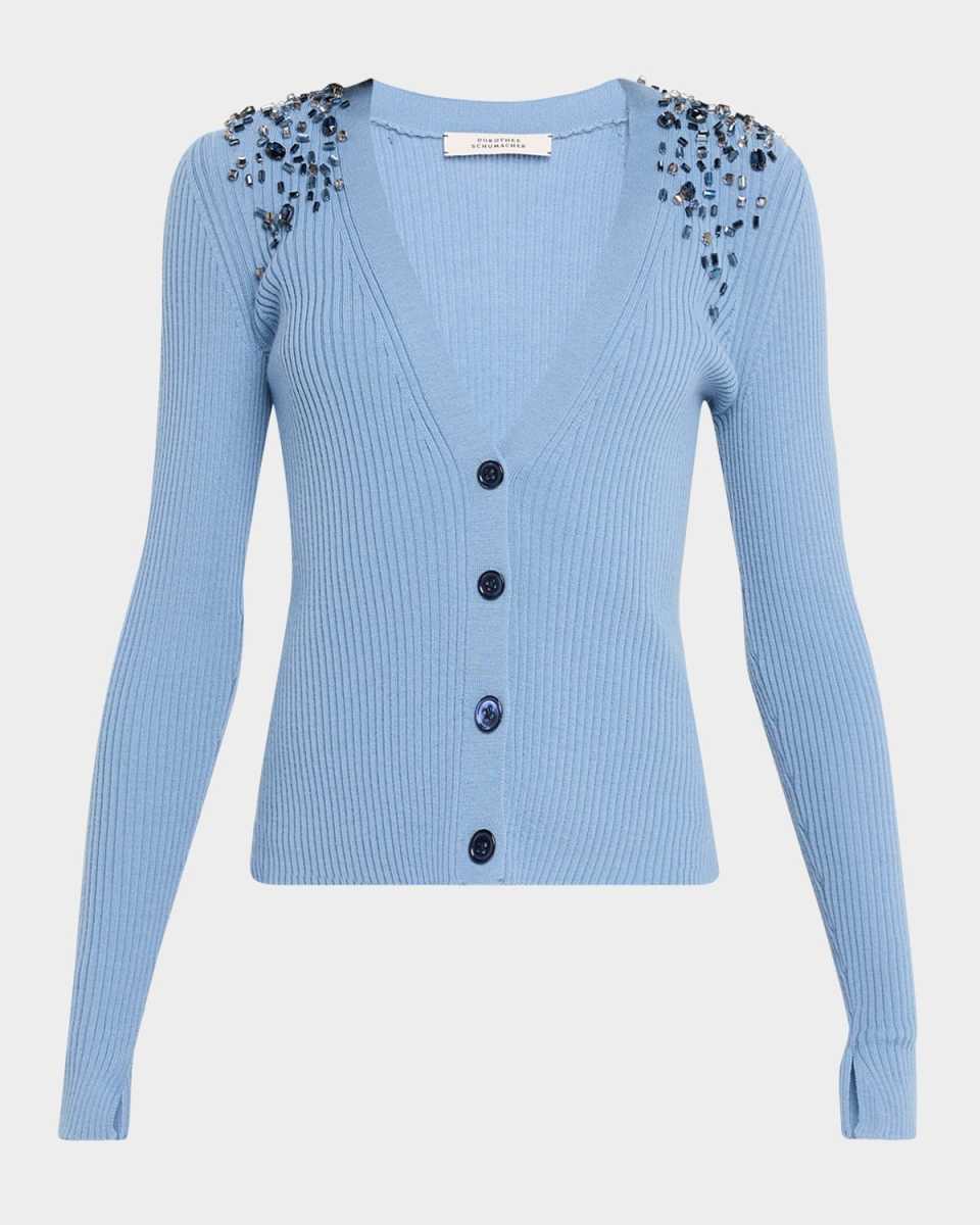 Embellished Merino Beaded Rib Knit Cardigan
